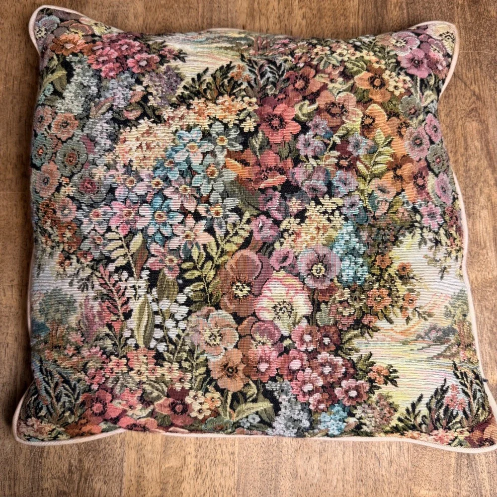 Vintage‎ Floral Woven Tapestry Throw Pillow Square 15in Multicolor Cottagecore